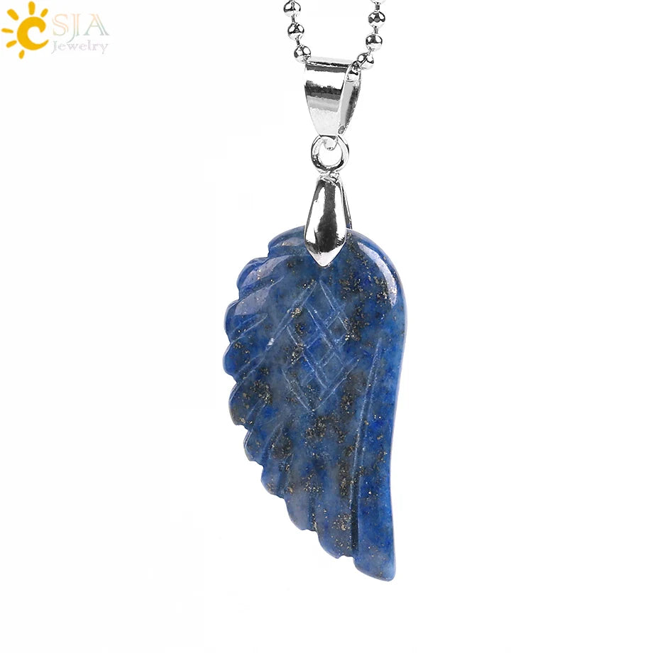 CSJA Natural Gem Stone Angel Wing Necklaces & Pendants Purple Pink Rock Crystal Lapis Lazuli Opal Green Aventurine Jewelry E768