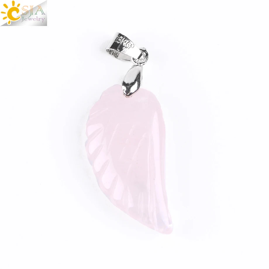 CSJA Natural Gem Stone Angel Wing Necklaces & Pendants Purple Pink Rock Crystal Lapis Lazuli Opal Green Aventurine Jewelry E768