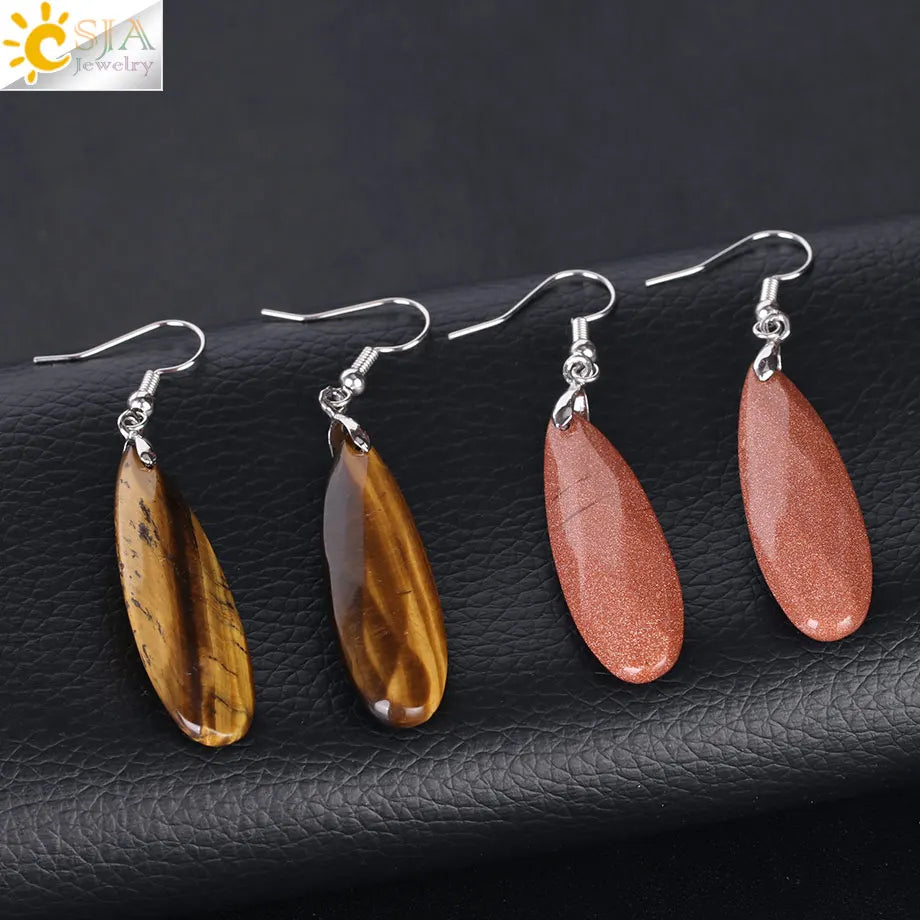 CSJA Dangle Long Earrings for Women Natural Stone Multifaceted Cutting Pendant Tiger Eye Crystal Lava Geometry Drop Earring F354