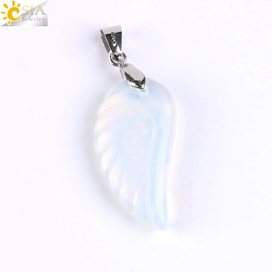 CSJA Natural Gem Stone Angel Wing Necklaces & Pendants Purple Pink Rock Crystal Lapis Lazuli Opal Green Aventurine Jewelry E768