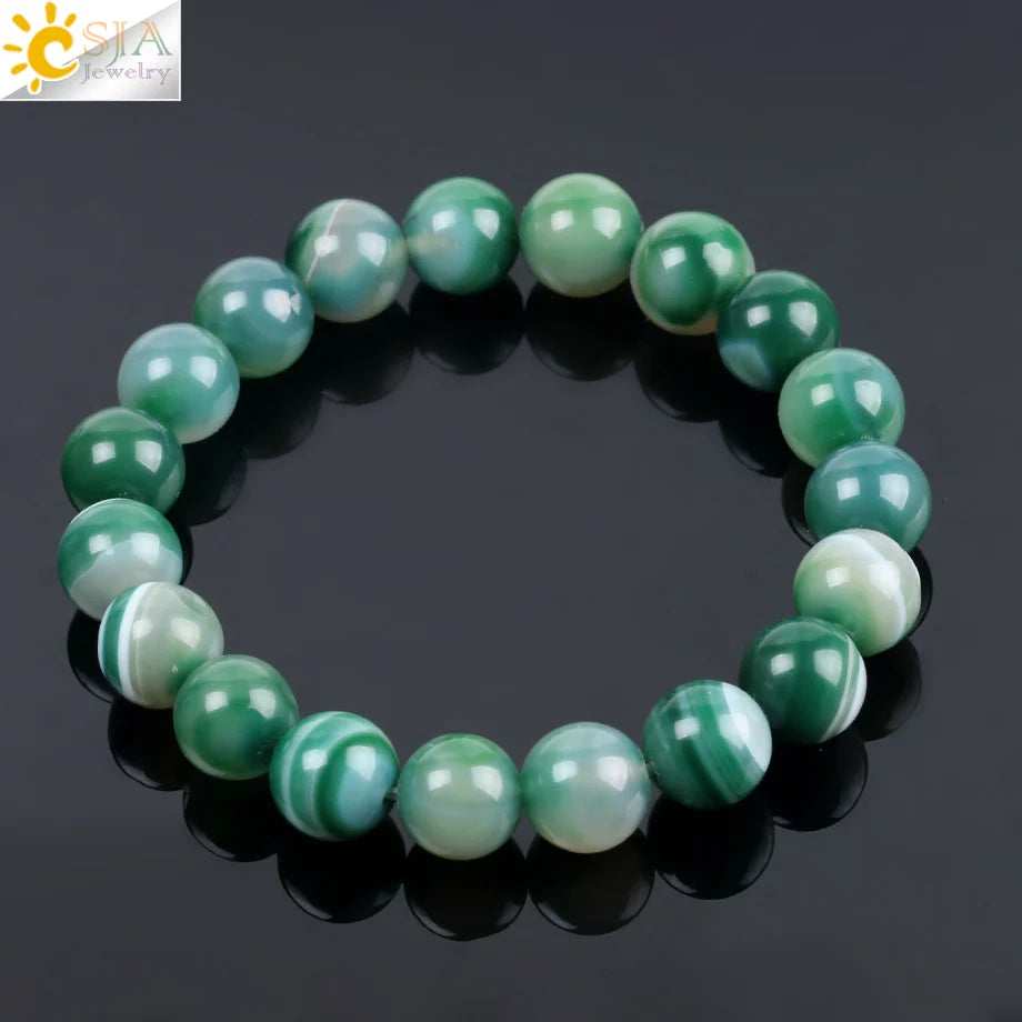 CSJA Natural Gem Stone Onyx Agates Bracelets & Bangles Green Vein Mala Yoga Beads Meditation Healing Energy Fashion Jewelry F114
