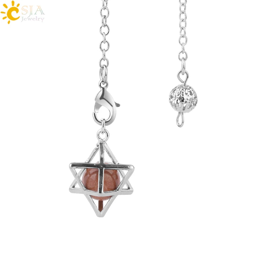 CSJA Reiki Natural Stone Merkaba Pendulum for Wicca Drowsing Hexagram Pendule Round Crystal Quartz Beads Pendants Jewellery F975