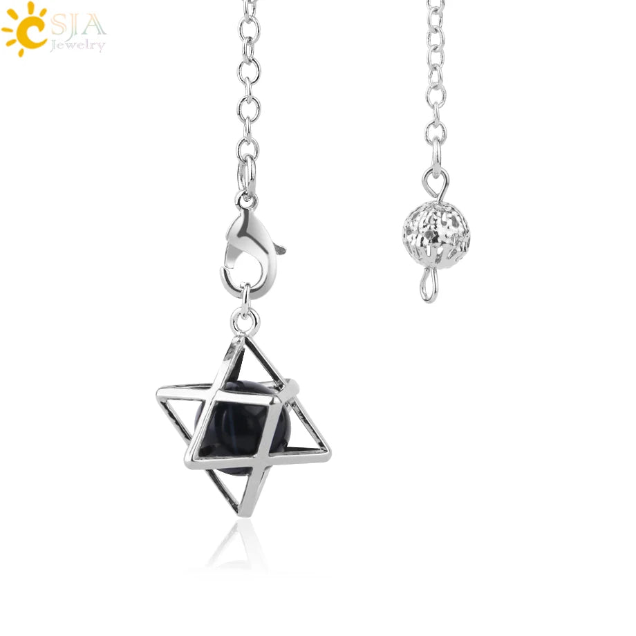 CSJA Reiki Natural Stone Merkaba Pendulum for Wicca Drowsing Hexagram Pendule Round Crystal Quartz Beads Pendants Jewellery F975