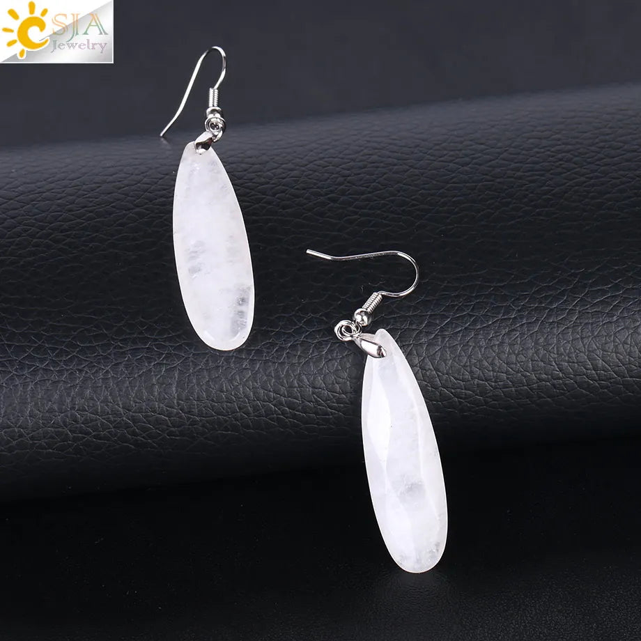 CSJA Dangle Long Earrings for Women Natural Stone Multifaceted Cutting Pendant Tiger Eye Crystal Lava Geometry Drop Earring F354