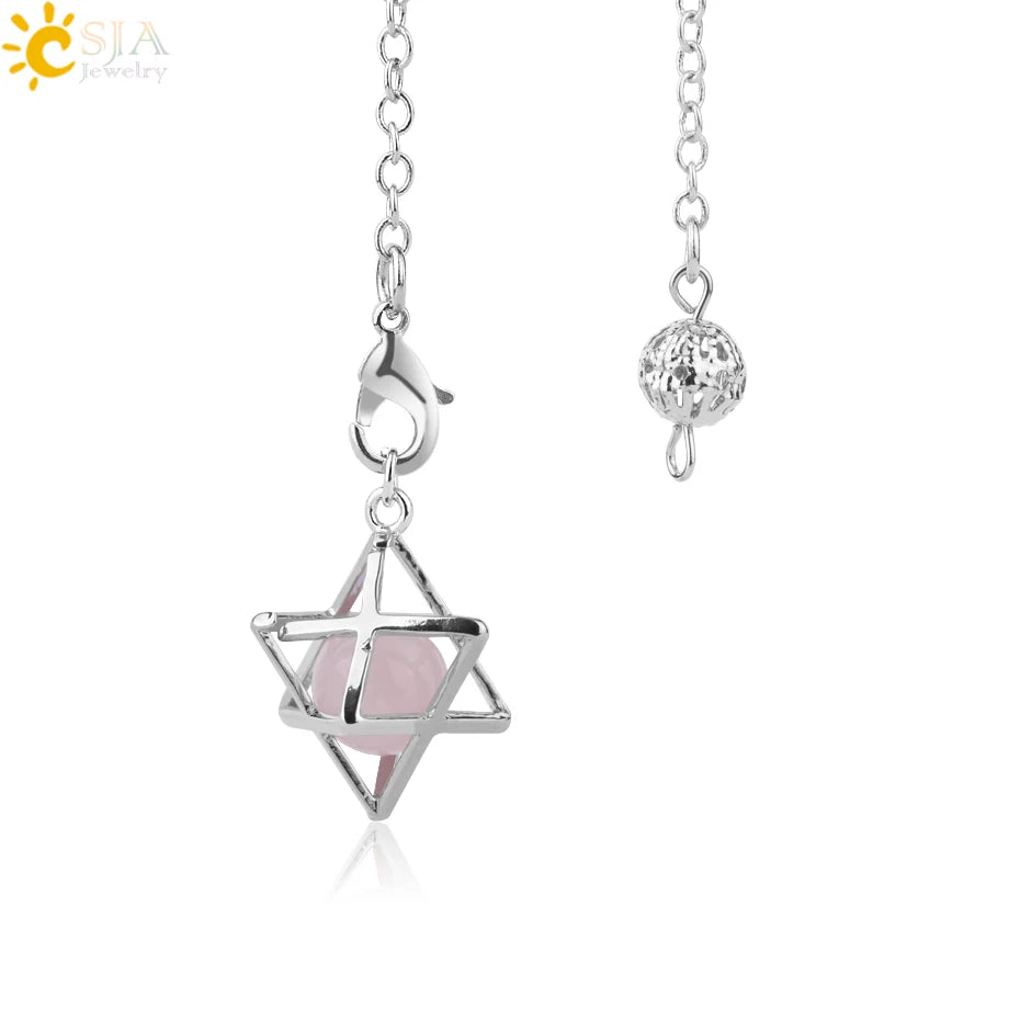 CSJA Reiki Natural Stone Merkaba Pendulum for Wicca Drowsing Hexagram Pendule Round Crystal Quartz Beads Pendants Jewellery F975