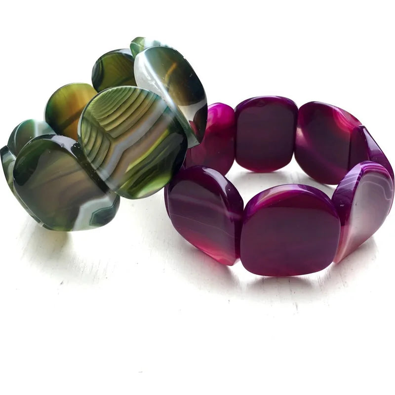 Unique Hip-Hop Jewelry, Multi-color Stripes, Botswana Agates Beads, Gem Elastic Bracelet, concave Shape 30x40mm
