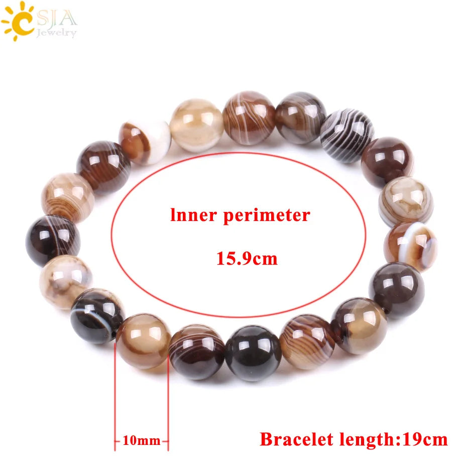 CSJA Natural Round Gem Stone Agates Onyx Men Bracelets Bangle 10mm Brown Stripe Ethnic Rosary Energy Beads Prayer Wristband F113