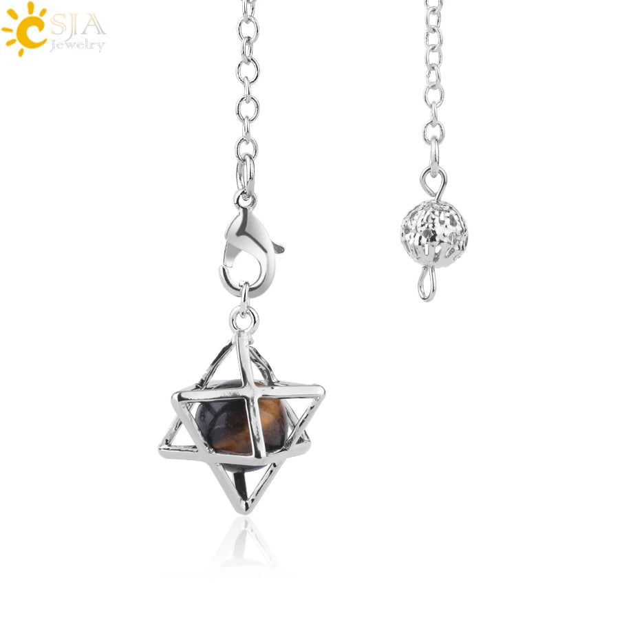 CSJA Reiki Natural Stone Merkaba Pendulum for Wicca Drowsing Hexagram Pendule Round Crystal Quartz Beads Pendants Jewellery F975