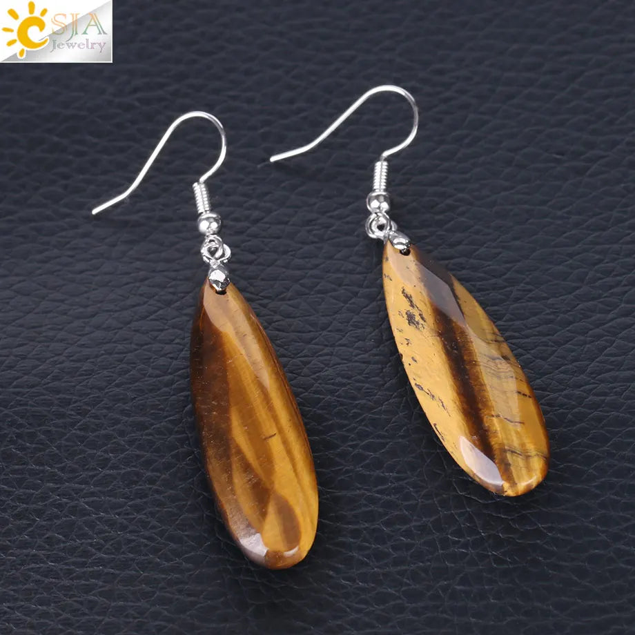 CSJA Dangle Long Earrings for Women Natural Stone Multifaceted Cutting Pendant Tiger Eye Crystal Lava Geometry Drop Earring F354