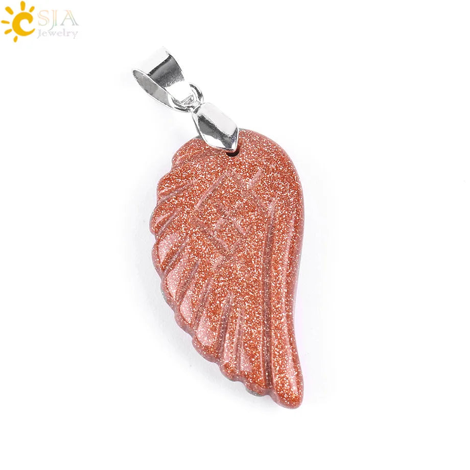 CSJA Natural Gem Stone Angel Wing Necklaces & Pendants Purple Pink Rock Crystal Lapis Lazuli Opal Green Aventurine Jewelry E768