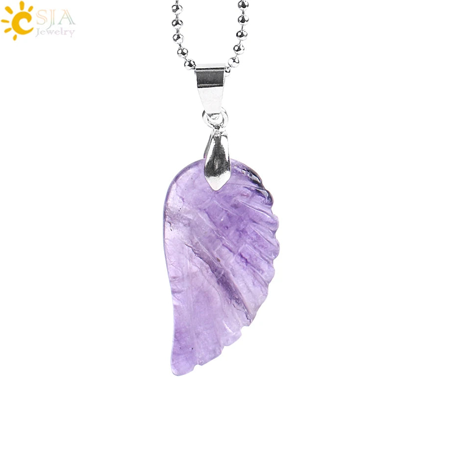 CSJA Natural Gem Stone Angel Wing Necklaces & Pendants Purple Pink Rock Crystal Lapis Lazuli Opal Green Aventurine Jewelry E768