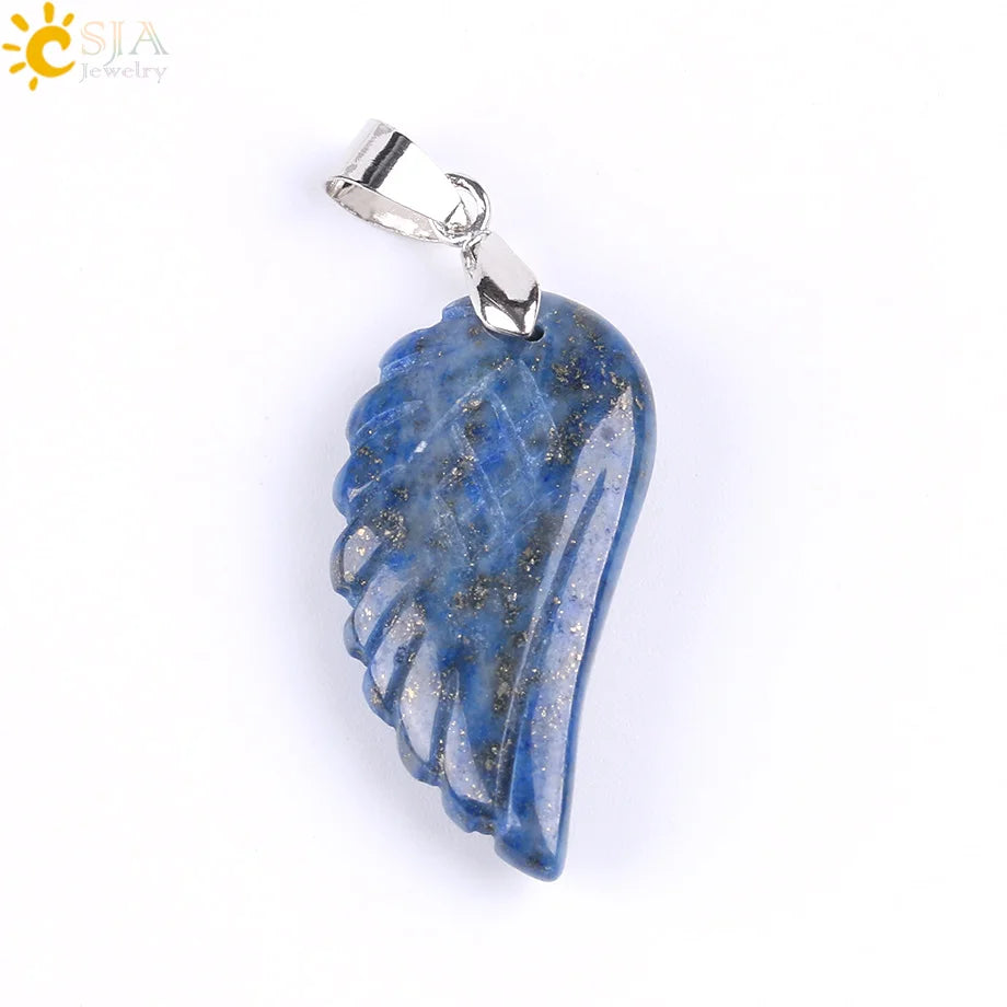 CSJA Natural Gem Stone Angel Wing Necklaces & Pendants Purple Pink Rock Crystal Lapis Lazuli Opal Green Aventurine Jewelry E768