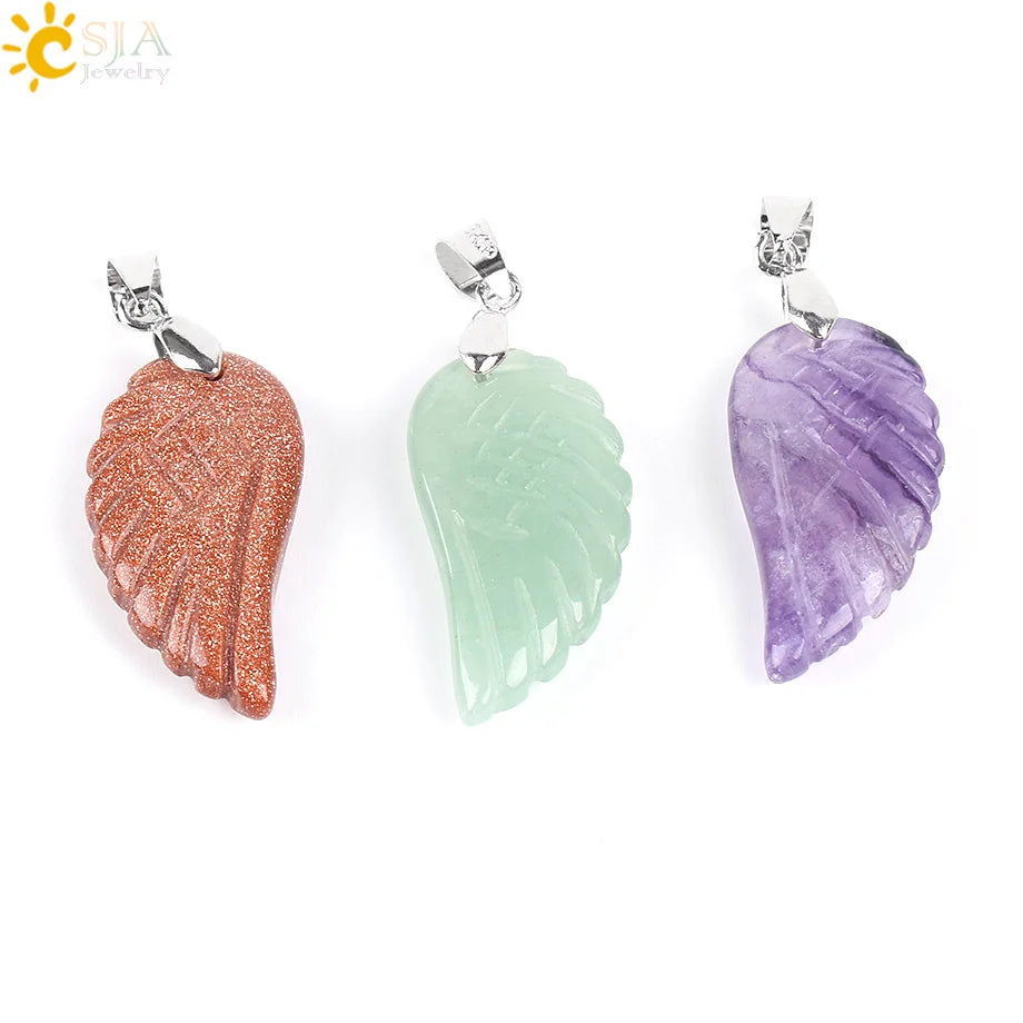 CSJA Natural Gem Stone Angel Wing Necklaces & Pendants Purple Pink Rock Crystal Lapis Lazuli Opal Green Aventurine Jewelry E768