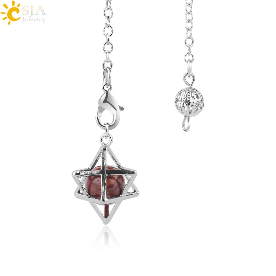 CSJA Reiki Natural Stone Merkaba Pendulum for Wicca Drowsing Hexagram Pendule Round Crystal Quartz Beads Pendants Jewellery F975