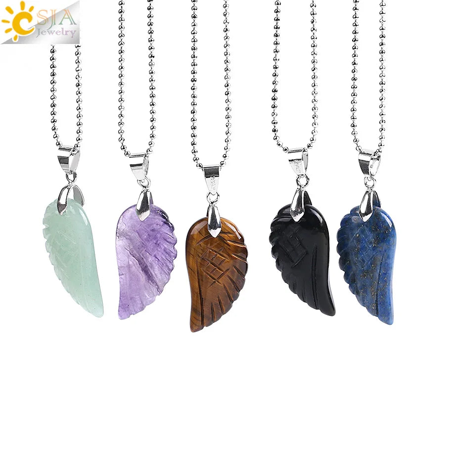 CSJA Natural Gem Stone Angel Wing Necklaces & Pendants Purple Pink Rock Crystal Lapis Lazuli Opal Green Aventurine Jewelry E768