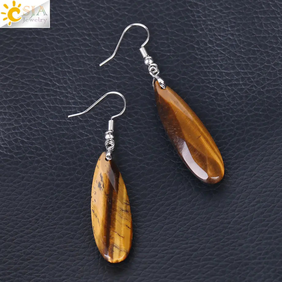 CSJA Dangle Long Earrings for Women Natural Stone Multifaceted Cutting Pendant Tiger Eye Crystal Lava Geometry Drop Earring F354