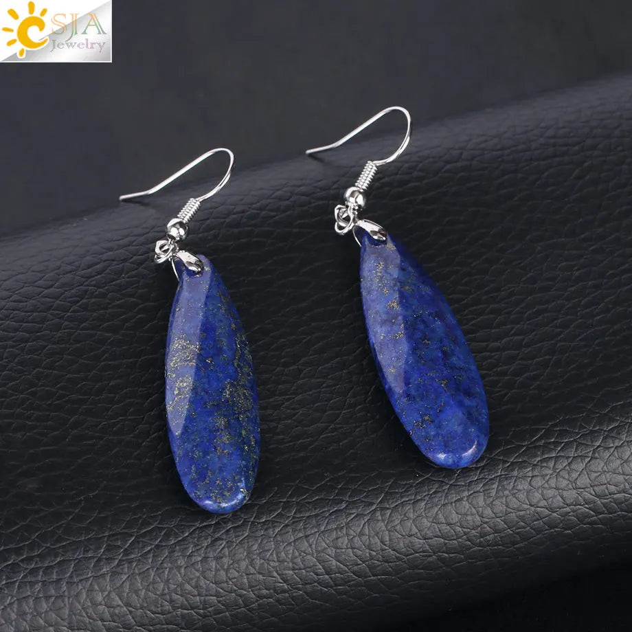 CSJA Dangle Long Earrings for Women Natural Stone Multifaceted Cutting Pendant Tiger Eye Crystal Lava Geometry Drop Earring F354