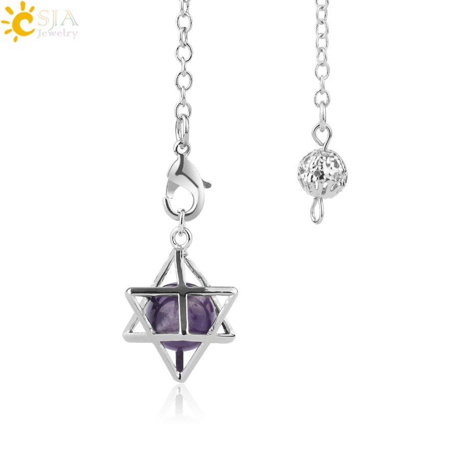 CSJA Reiki Natural Stone Merkaba Pendulum for Wicca Drowsing Hexagram Pendule Round Crystal Quartz Beads Pendants Jewellery F975