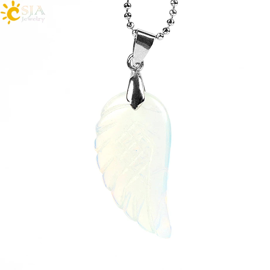 CSJA Natural Gem Stone Angel Wing Necklaces & Pendants Purple Pink Rock Crystal Lapis Lazuli Opal Green Aventurine Jewelry E768