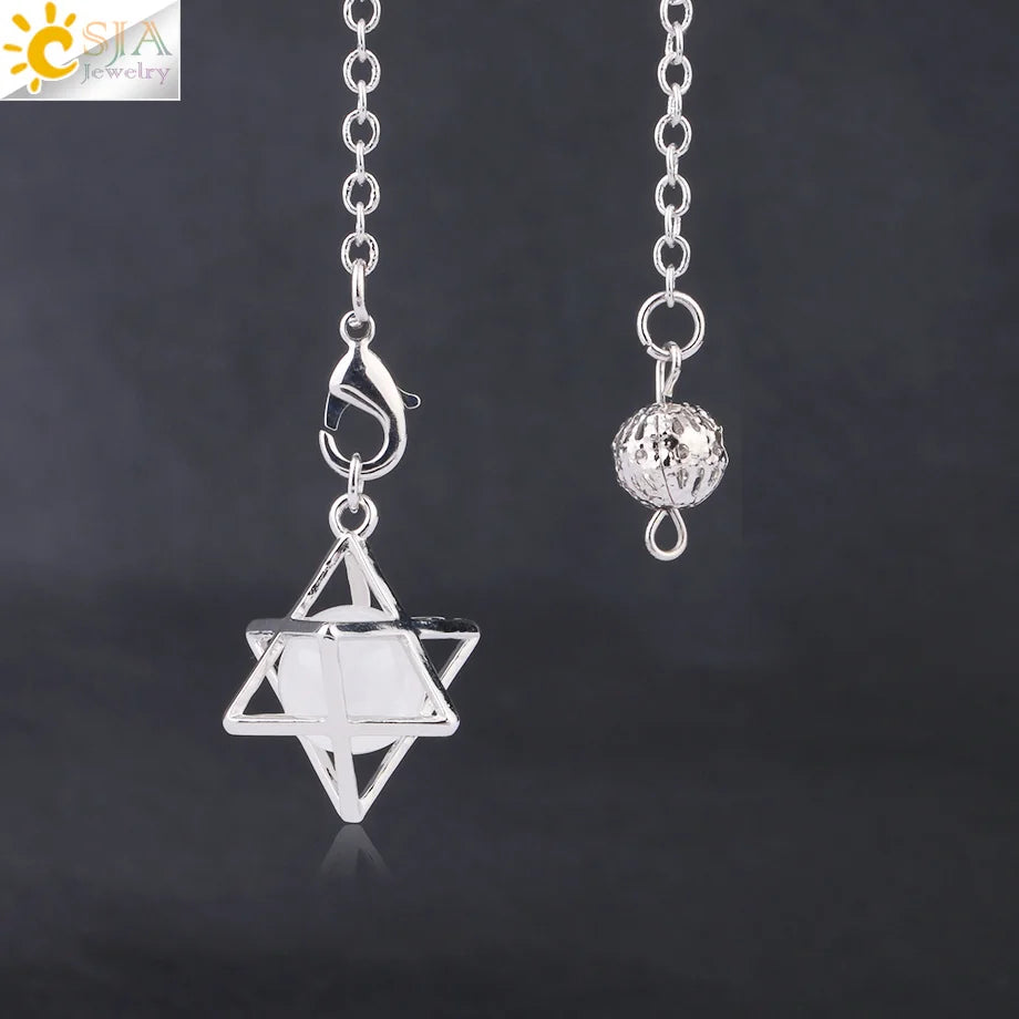 CSJA Reiki Natural Stone Merkaba Pendulum for Wicca Drowsing Hexagram Pendule Round Crystal Quartz Beads Pendants Jewellery F975