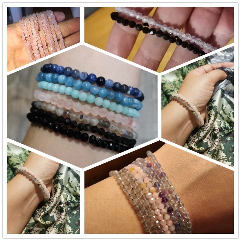 Minimalist Healing 4mm Tiny crystal stone Beads Bracelets Unisex Natural Charoite Obsidian lapis lazuli Zircon Elastic bracelets