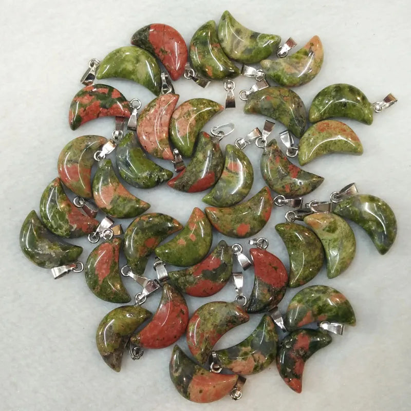 Good quality mix natural stone tiger eye white crystal moon shape pendants for jewelry making Wholesale 50pcs/lot