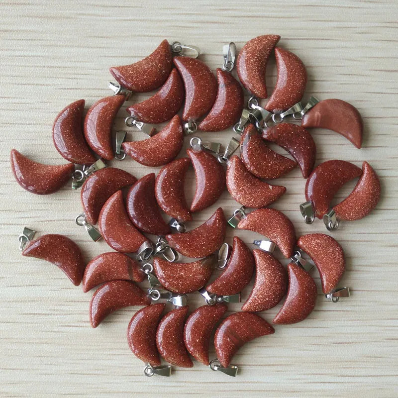 Good quality mix natural stone tiger eye white crystal moon shape pendants for jewelry making Wholesale 50pcs/lot