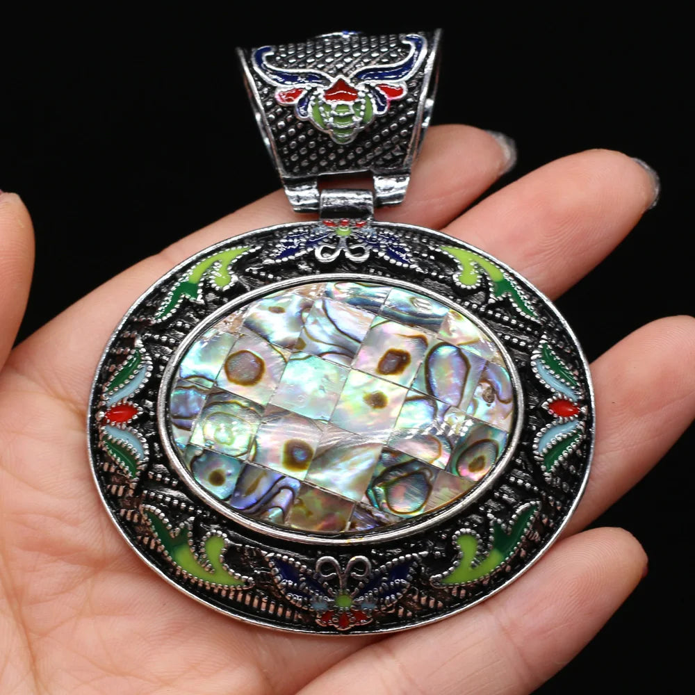 Vintage Ethnic Natural Stone Crystal Agates Charms Elliptical Boho Abalone Shell Pendant for Jewelry Making DIY Necklace Gift