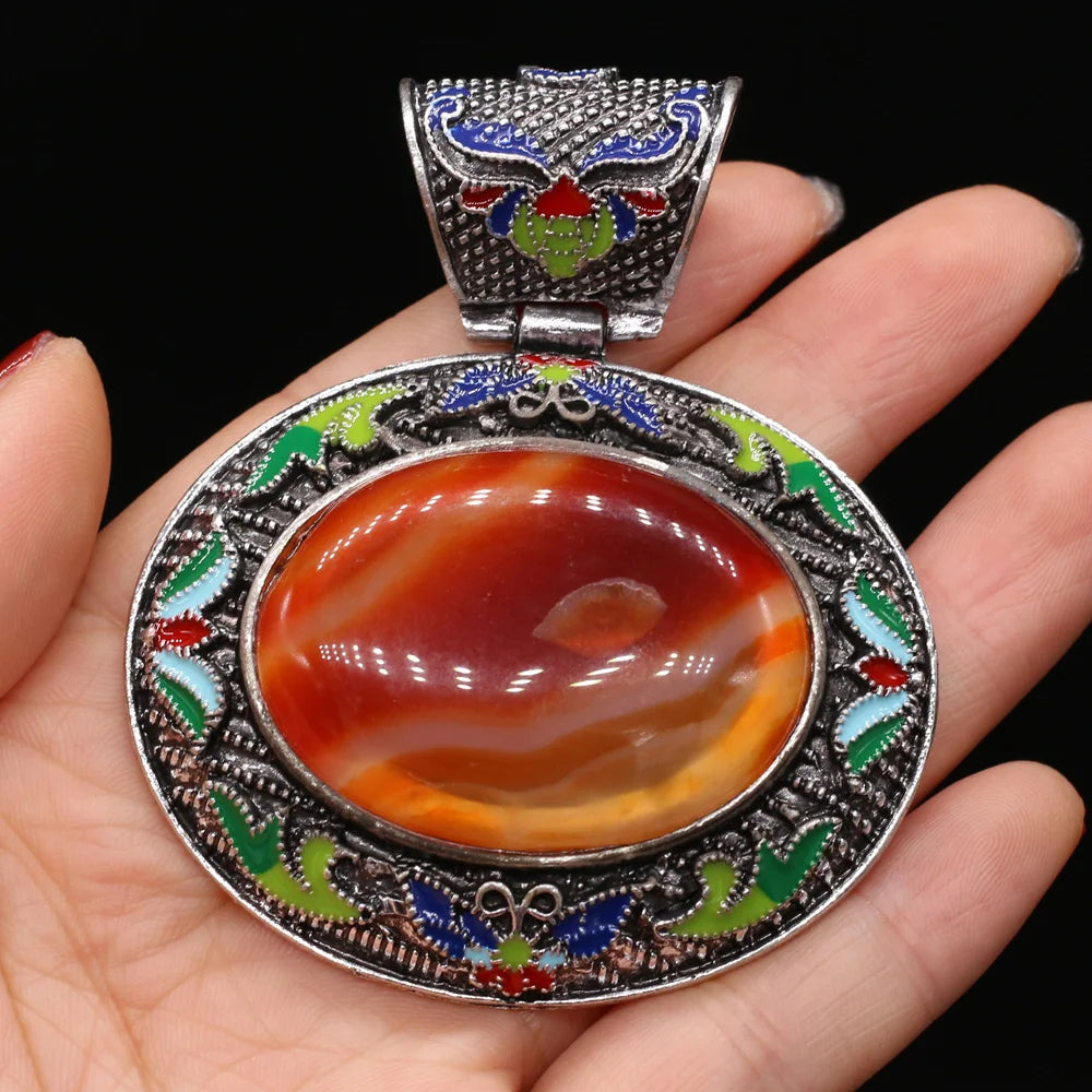 Vintage Ethnic Natural Stone Crystal Agates Charms Elliptical Boho Abalone Shell Pendant for Jewelry Making DIY Necklace Gift