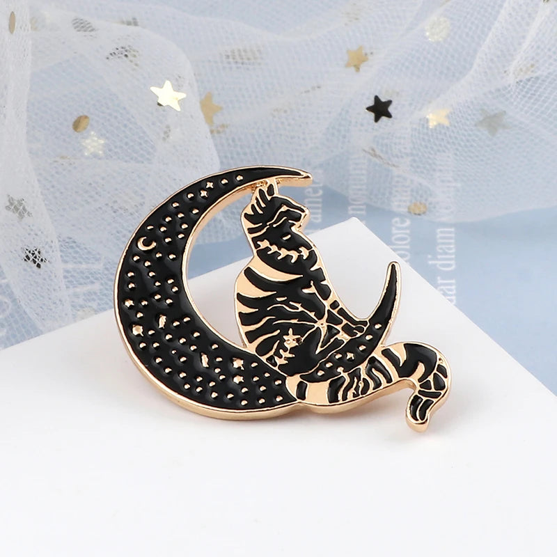 Witches Punk Black Enamel Pins Magical Hat Furnace Moon Cat Brooch Backpack Denim Lapel Pin Badge Dark Gothic Party Jewelry Gift