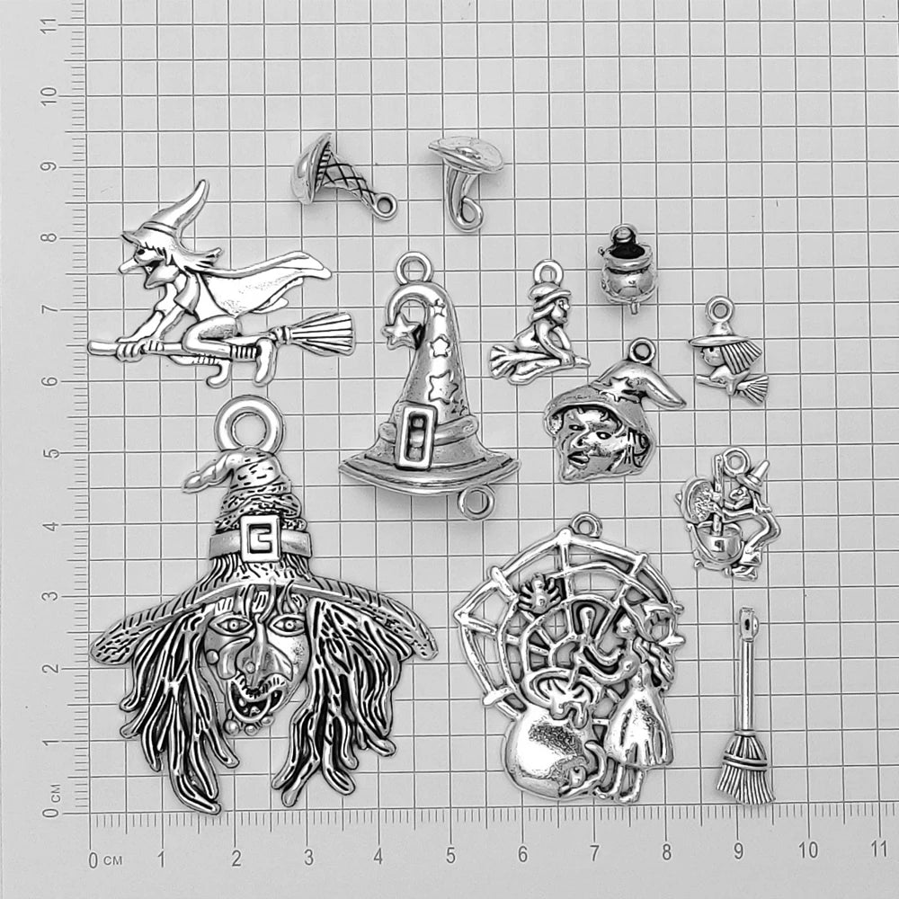 3-40pcs/lot Antique Silver Plated Halloween Charms Witch Cauldron Hat Broom Pendants For Diy Jewelry Making Supplies Accessories