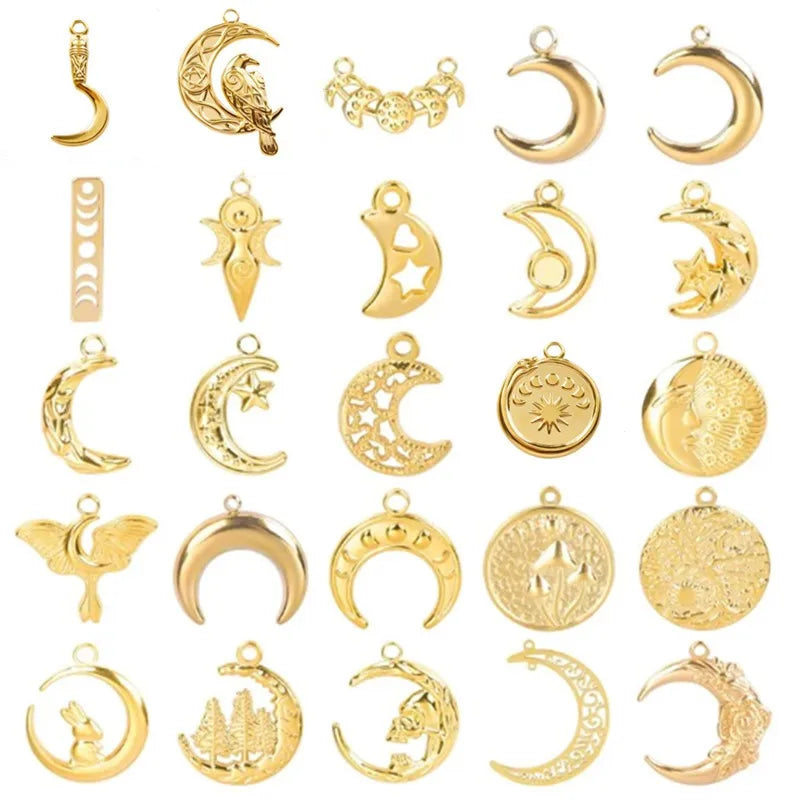 5pcs/Lot New Moon Charm No Fade Stainless Steel Pendants Charms In Bulk DIY Jewelry Making Supplies Witch Knot Star Accessories