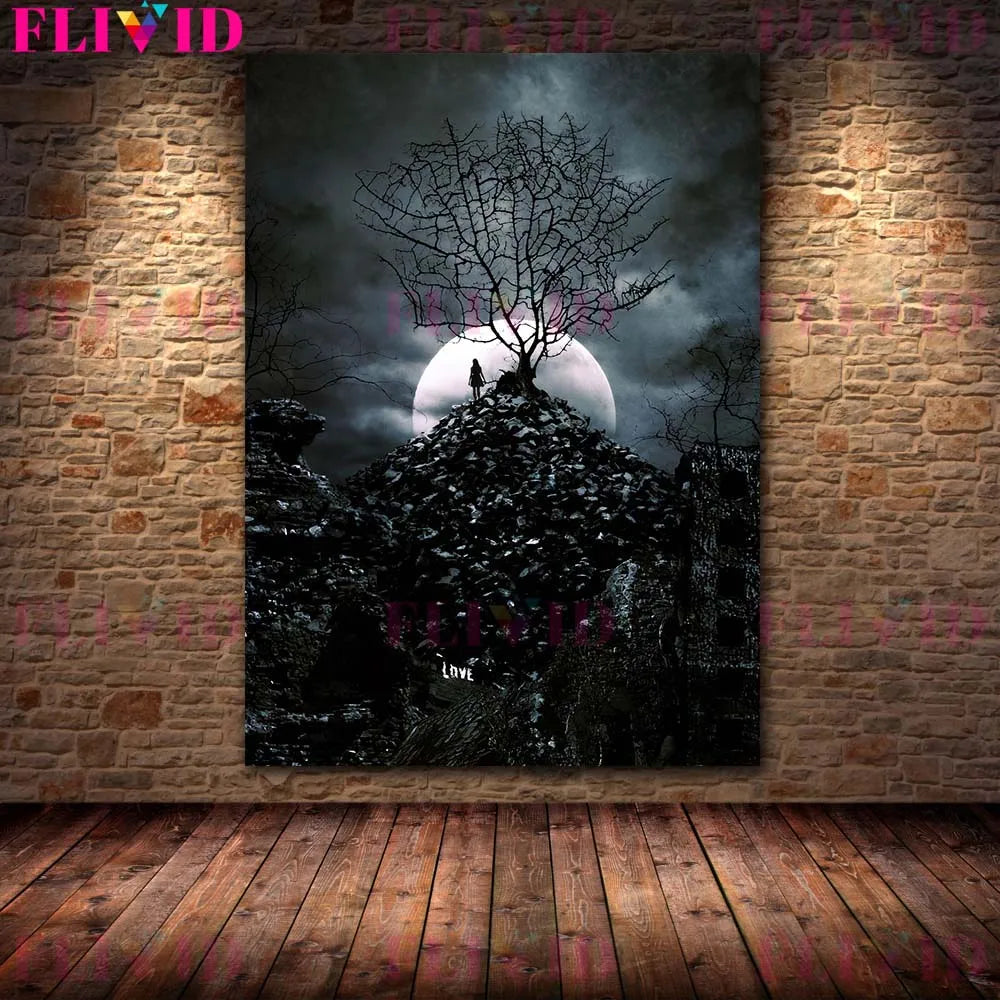 Darkest Night Mysterious Witchcraft Wall Art Canvas Paintng The Moon Witch In The Dark Art Poster And Print Home Decor Unframed