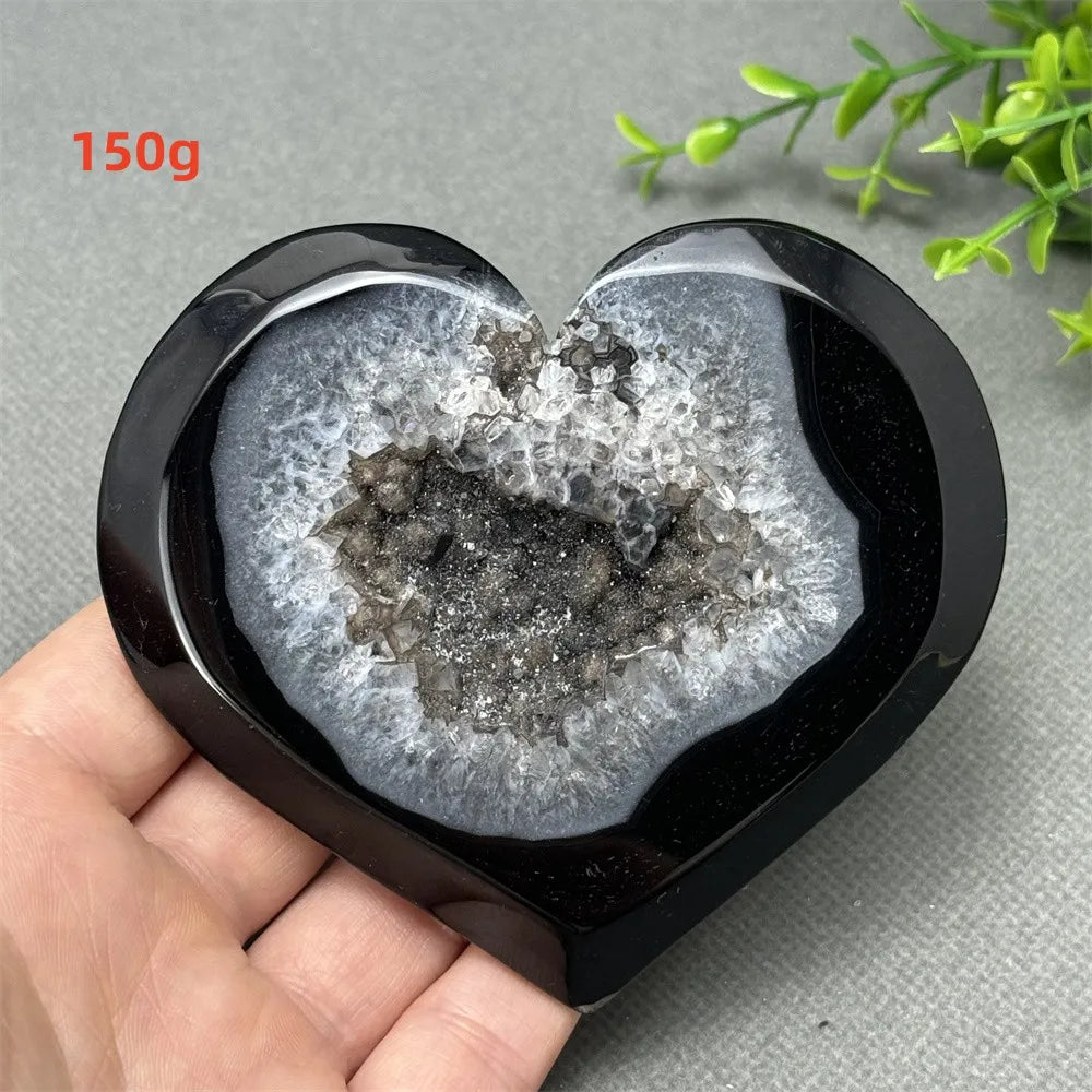 Natural Gemstone Black Agate Geode Heart Shaped Crystal Reiki Energy Healing Meditation Witchcraft Home Garden Decoration Exorci