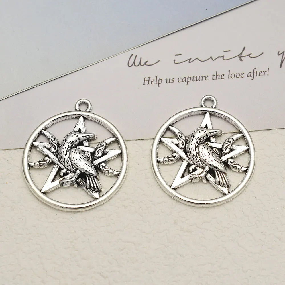 10pcs/Lots 29x32mm Vintage Witch Magic Dark Moon Star Crow Charms Pentagram Raven Bird Pendant For DIY Jewelry Making Supplies