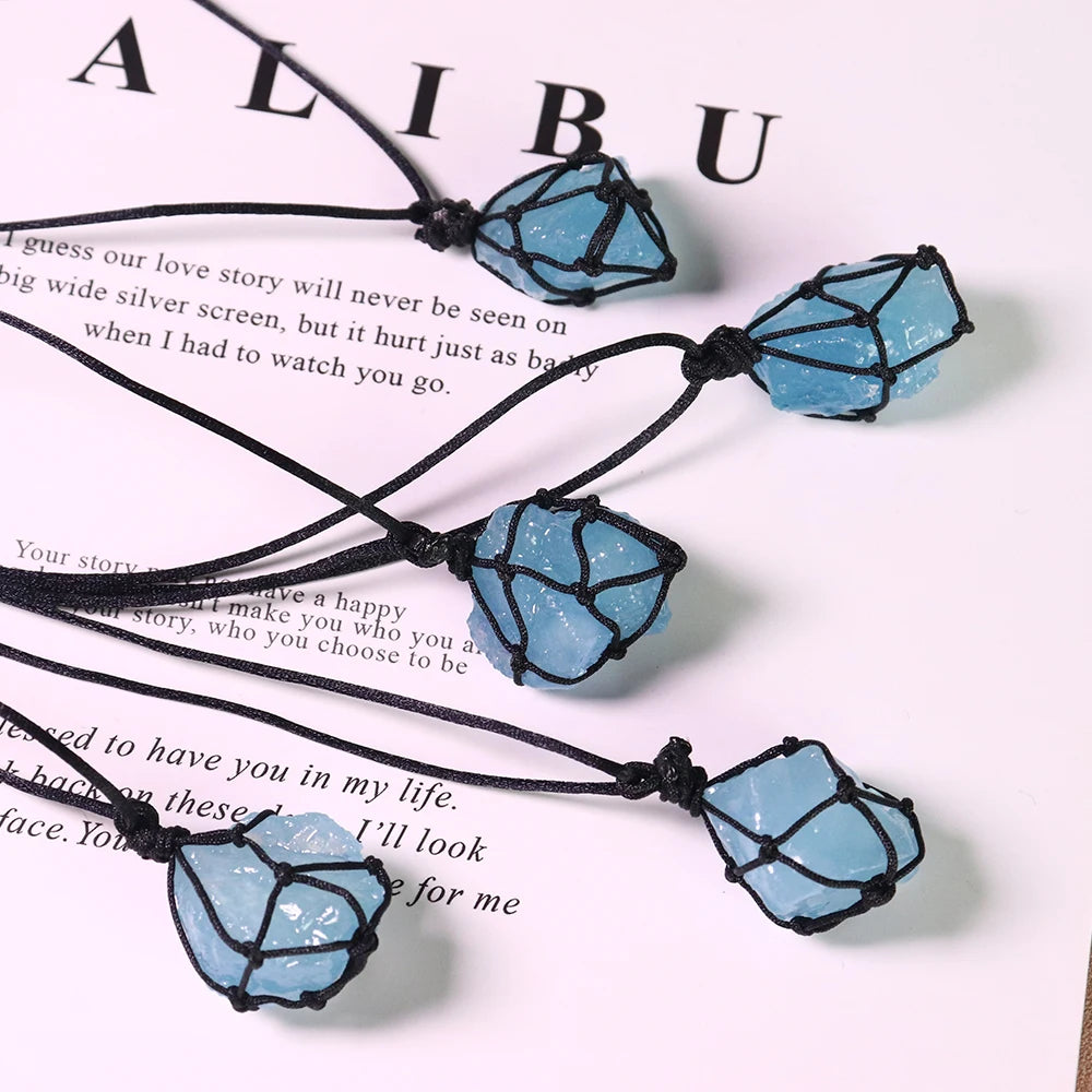 1pc Natural Crystal Aquamarine Raw Unpolished Stone Pendant Necklace Reiki Healing Blue Gem Jewelry Rock Mineral Pendant
