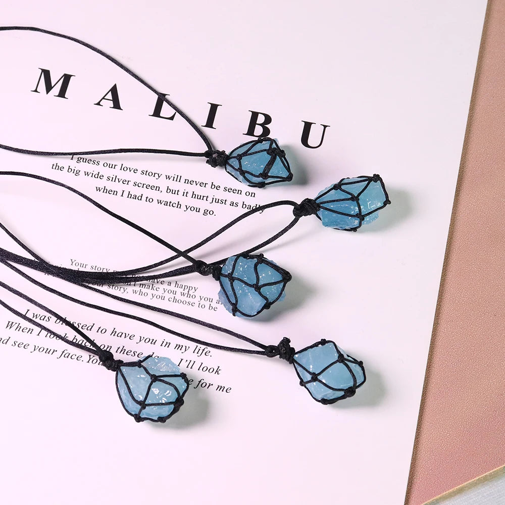 1pc Natural Crystal Aquamarine Raw Unpolished Stone Pendant Necklace Reiki Healing Blue Gem Jewelry Rock Mineral Pendant