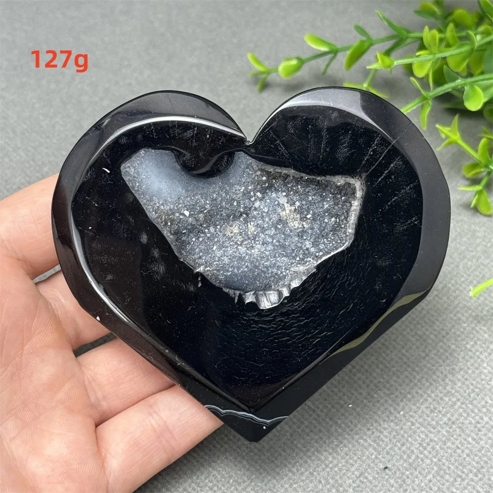 Natural Gemstone Black Agate Geode Heart Shaped Crystal Reiki Energy Healing Meditation Witchcraft Home Garden Decoration Exorci