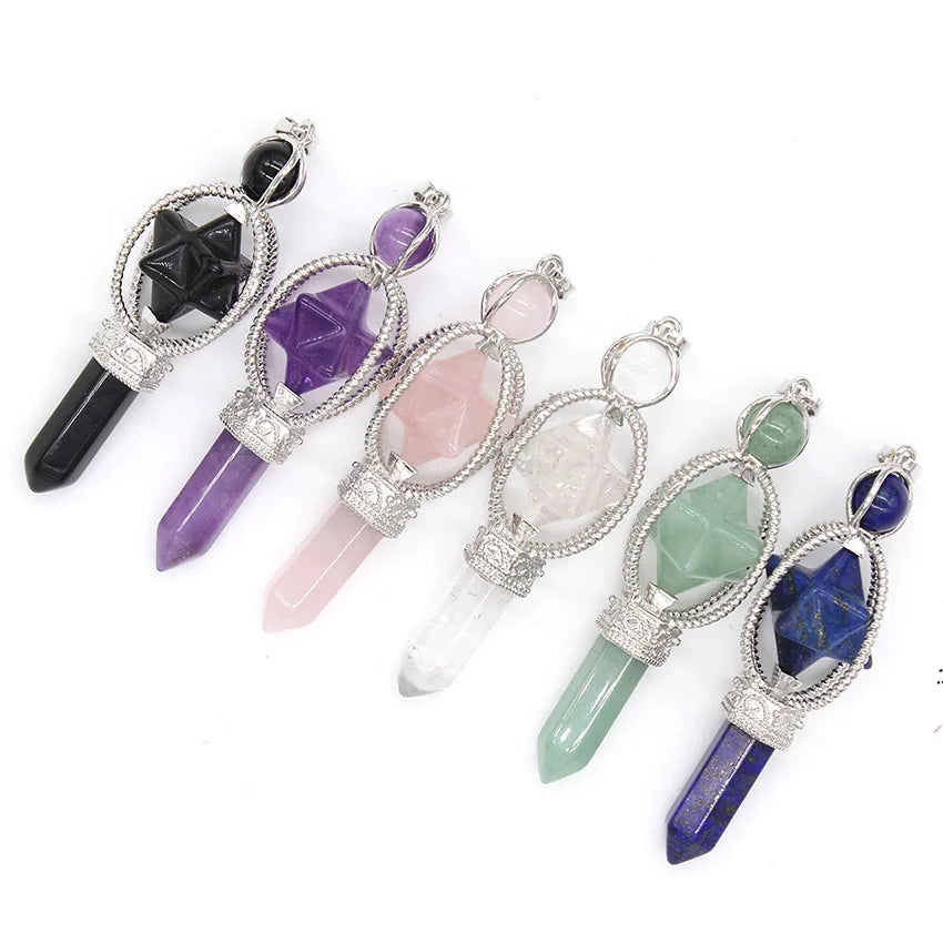 Natural Healing Crystal Sceptre Pendulum Pendant For Dowsing Divination Quartz Reiki Hexagon Column Merkaba Star Stone Pendulo