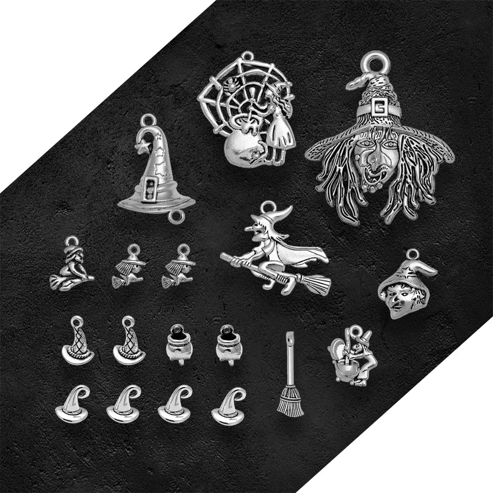 3-40pcs/lot Antique Silver Plated Halloween Charms Witch Cauldron Hat Broom Pendants For Diy Jewelry Making Supplies Accessories