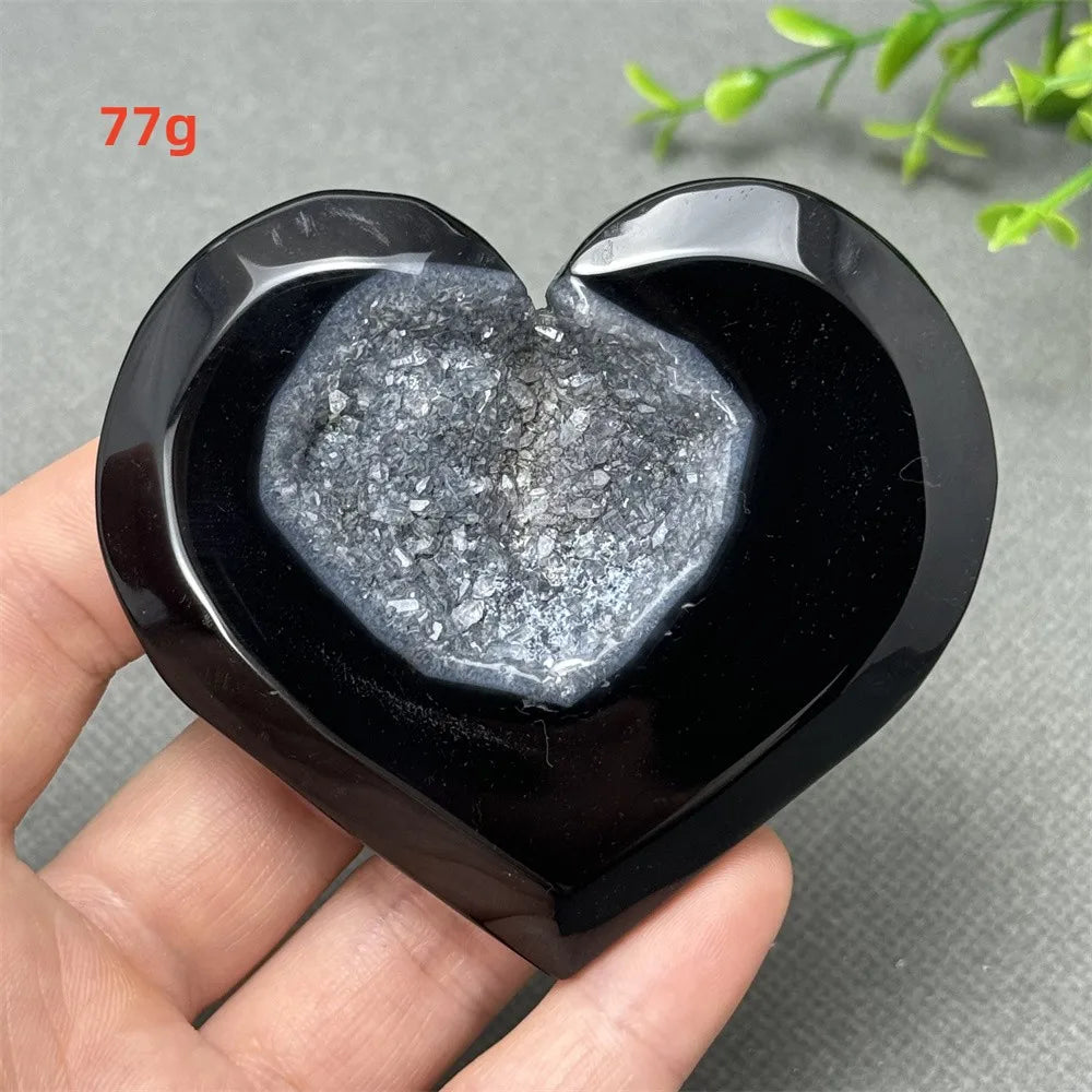 Natural Gemstone Black Agate Geode Heart Shaped Crystal Reiki Energy Healing Meditation Witchcraft Home Garden Decoration Exorci