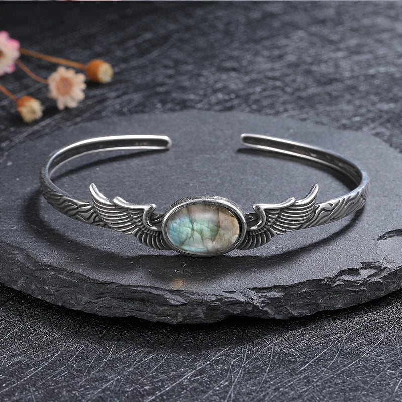 925 Sterling Silver Bracelet Vintage Natural Labradorite Amethyst Adjustable Bangle for Women Fine Jewelry Valentine Day Gift
