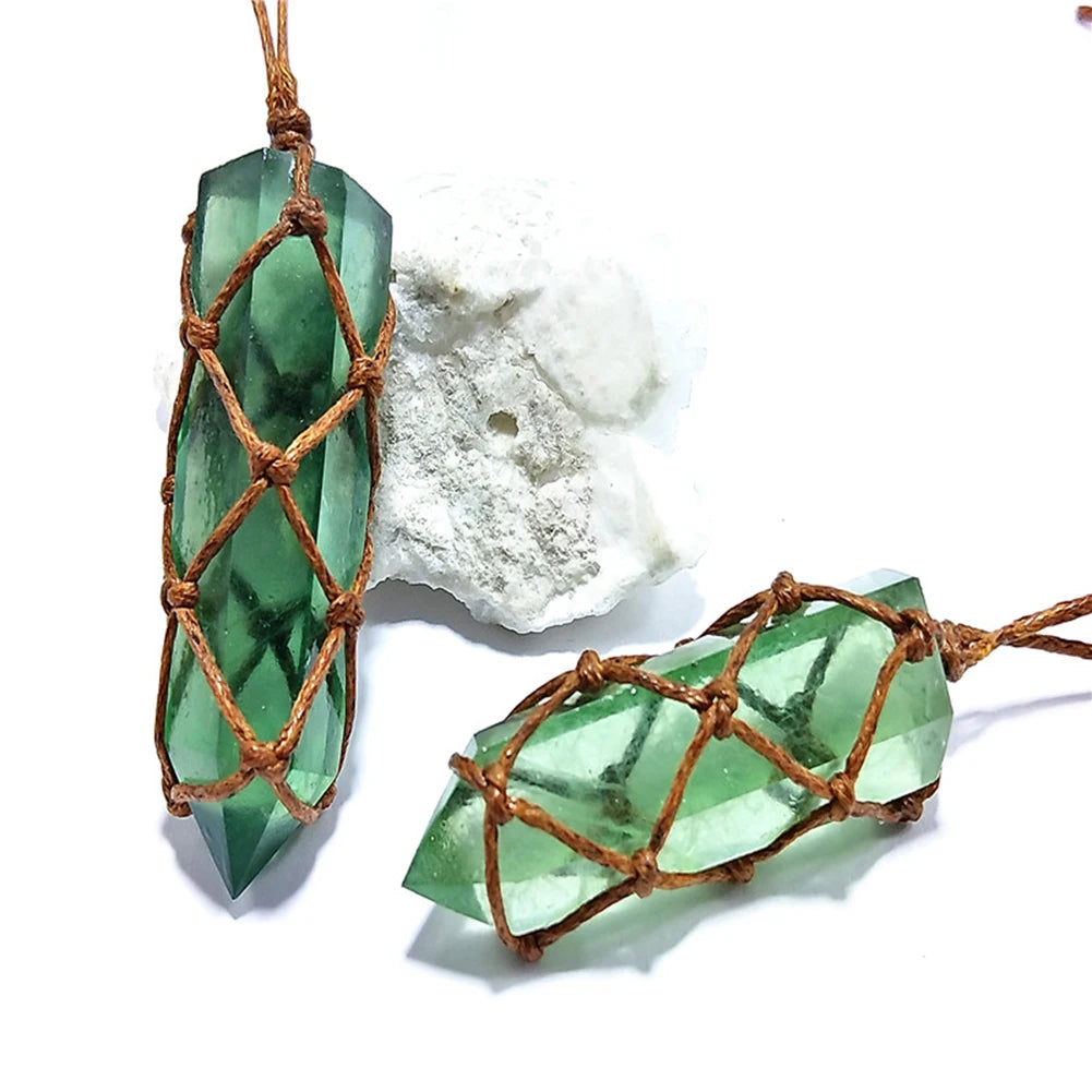 Natural Emerald Crystal Pendant Healing DT Gemstone Wand Reiki Green Fluorite Wrap Braid Necklace Yoga Macrame For Men Women