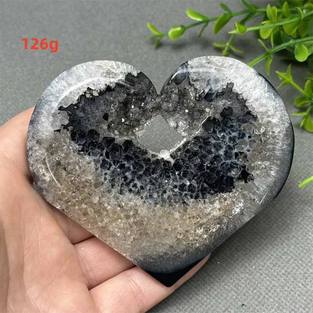 Natural Gemstone Black Agate Geode Heart Shaped Crystal Reiki Energy Healing Meditation Witchcraft Home Garden Decoration Exorci