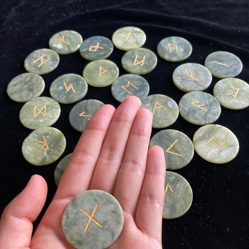 25Pcs Nature Jadestone Runes Stones Viking Rune Symbols Divination Fortune-telling Props Occultism Altar Witchcraft supplies