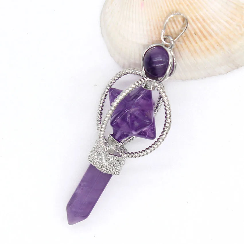 Natural Healing Crystal Sceptre Pendulum Pendant For Dowsing Divination Quartz Reiki Hexagon Column Merkaba Star Stone Pendulo