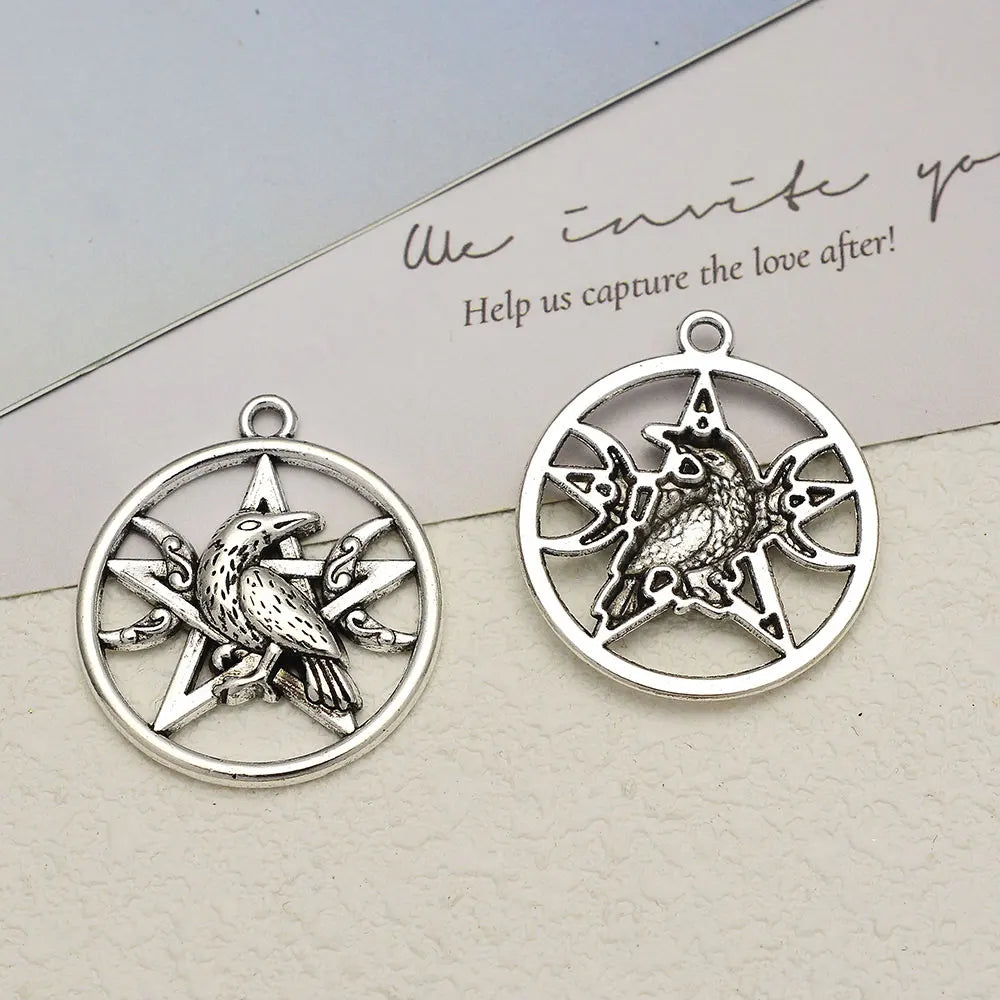 10pcs/Lots 29x32mm Vintage Witch Magic Dark Moon Star Crow Charms Pentagram Raven Bird Pendant For DIY Jewelry Making Supplies