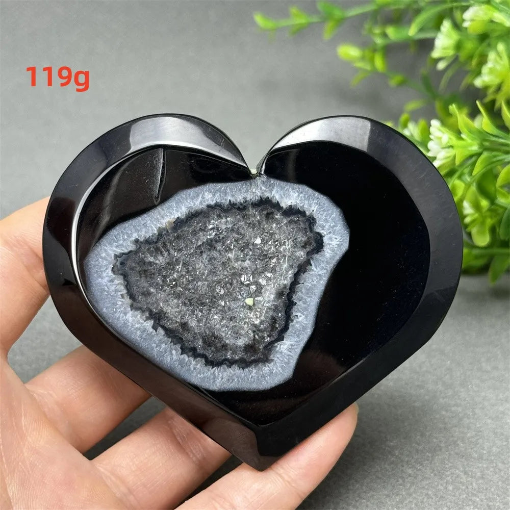 Natural Gemstone Black Agate Geode Heart Shaped Crystal Reiki Energy Healing Meditation Witchcraft Home Garden Decoration Exorci