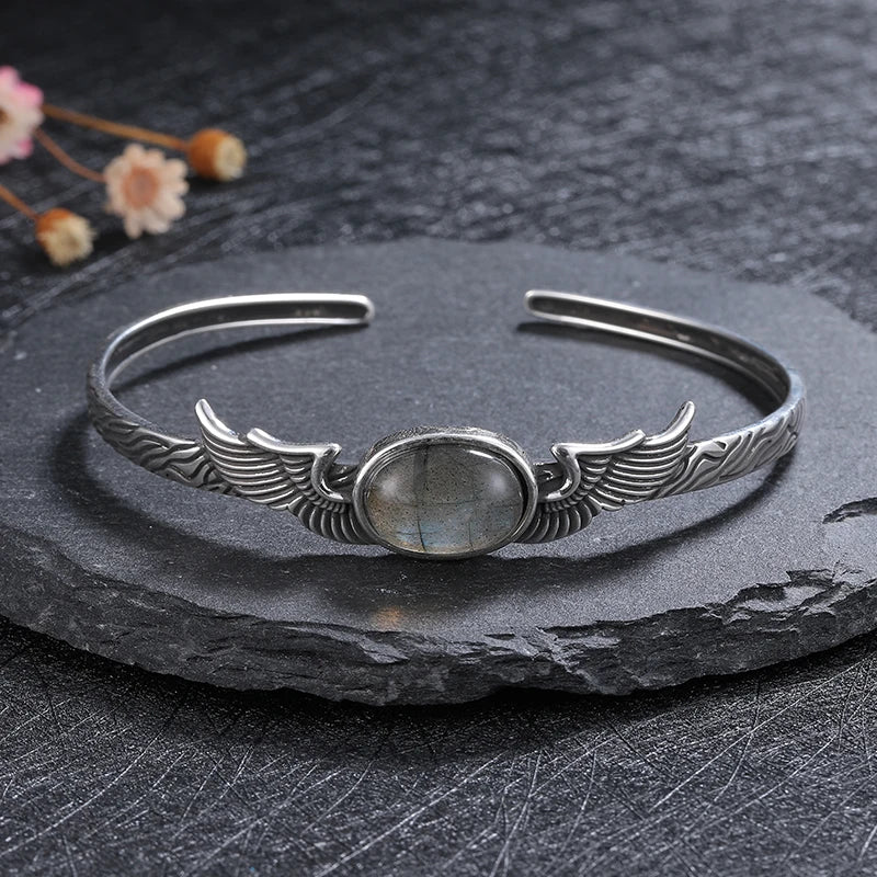 925 Sterling Silver Bracelet Vintage Natural Labradorite Amethyst Adjustable Bangle for Women Fine Jewelry Valentine Day Gift