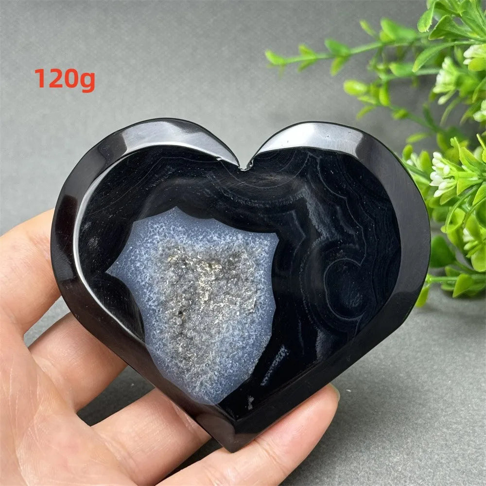 Natural Gemstone Black Agate Geode Heart Shaped Crystal Reiki Energy Healing Meditation Witchcraft Home Garden Decoration Exorci
